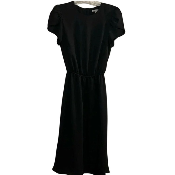 H&M Women's Black Midi Dress Size 4 Cinched Waist Puff Sleeve Button Back - Picture 1 of 10